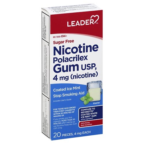 Image for Leader Nicotine Polacrilex Gum, 4 mg, Coated Ice Mint,20ea from BEN'S FAMILY PHARMACY