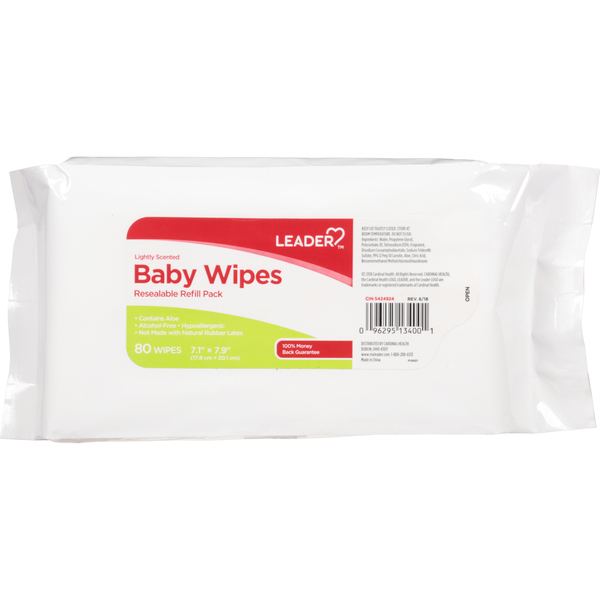 Image for Leader Baby Wipes, Lightly Scented, Resealable, Refill Pack, 80ea from BEN'S FAMILY PHARMACY